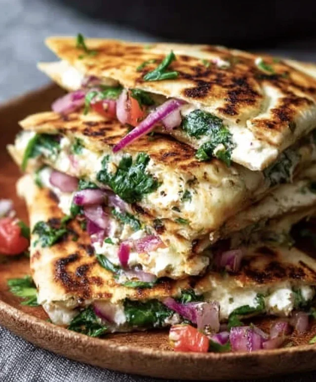 Mediterranean Quesadillas with Spinach, Feta, Mozzarella, and Red Onion