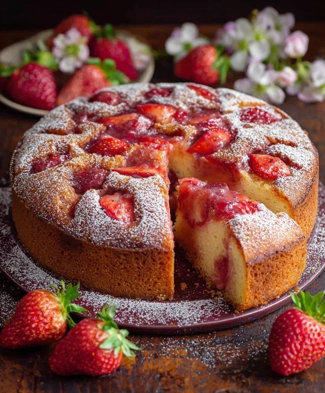Easy Strawberry Cake with Strawberry Sauce