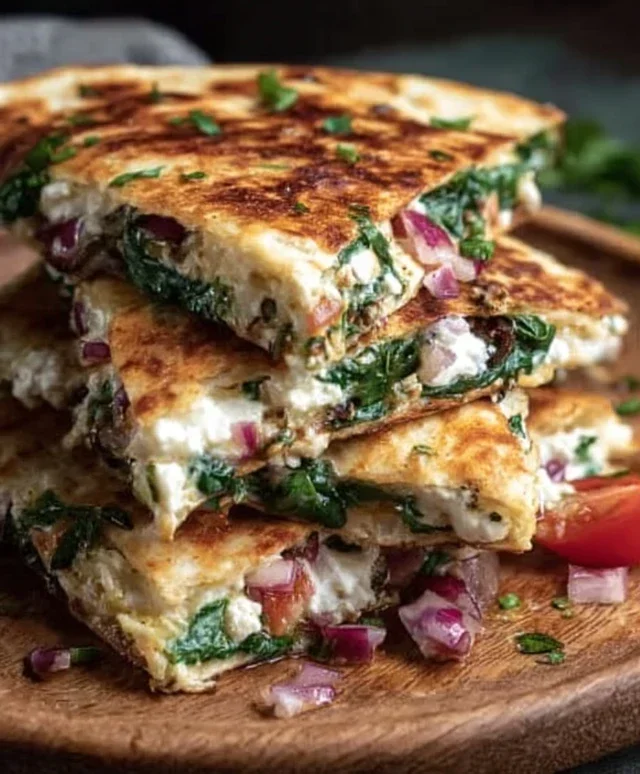 Mediterranean Quesadillas with Spinach, Feta, Mozzarella, and Red Onion