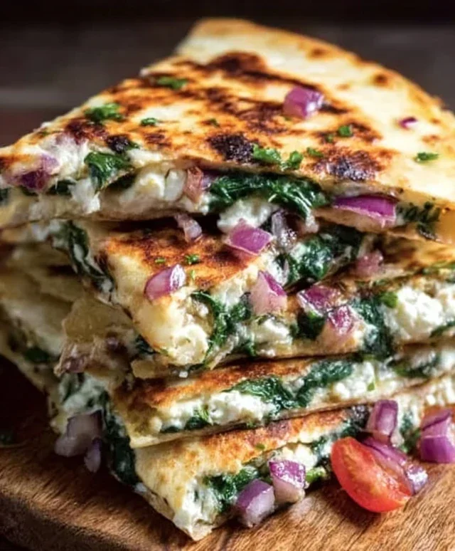 Mediterranean Quesadillas with Spinach, Feta, Mozzarella, and Red Onion