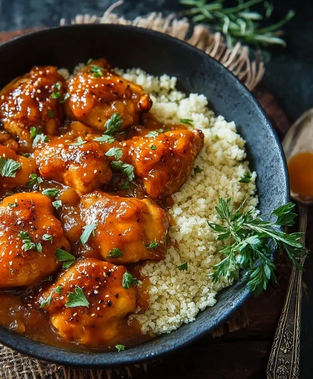 Sweet and Sticky 3 Ingredient Apricot Chicken with Cauliflower Rice