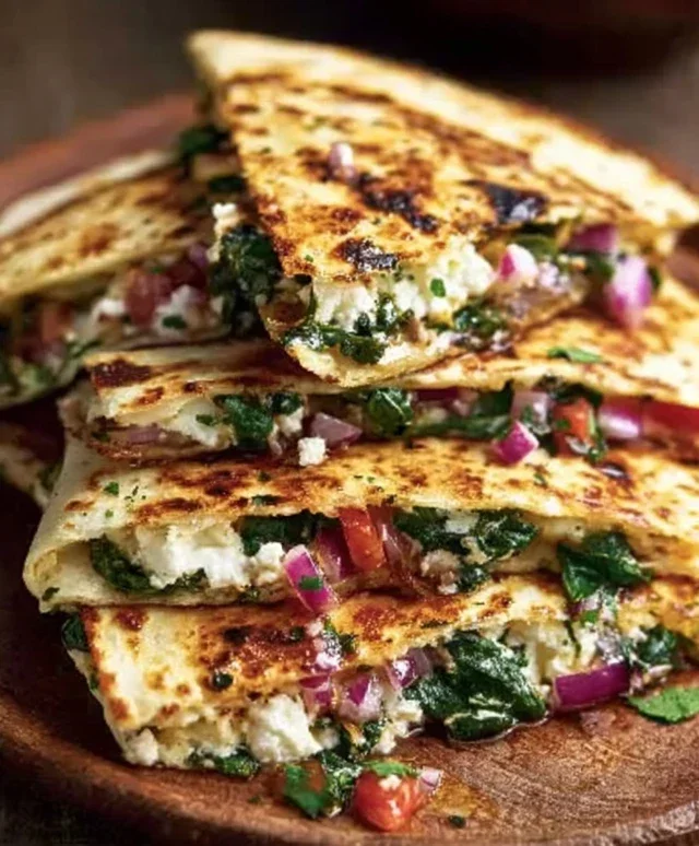 Mediterranean Quesadillas with Spinach, Feta, Mozzarella, and Red Onion