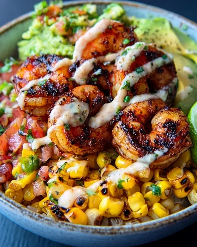 Grilled Shrimp Bowl With Avocado Corn Salsa Creamy Garlic Sauce