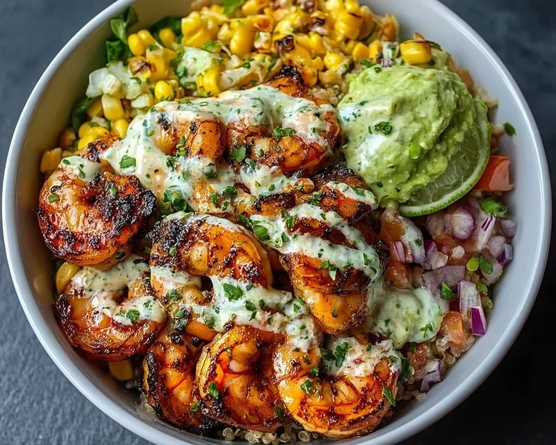 Grilled Shrimp Bowl With Avocado Corn Salsa Creamy Garlic Sauce