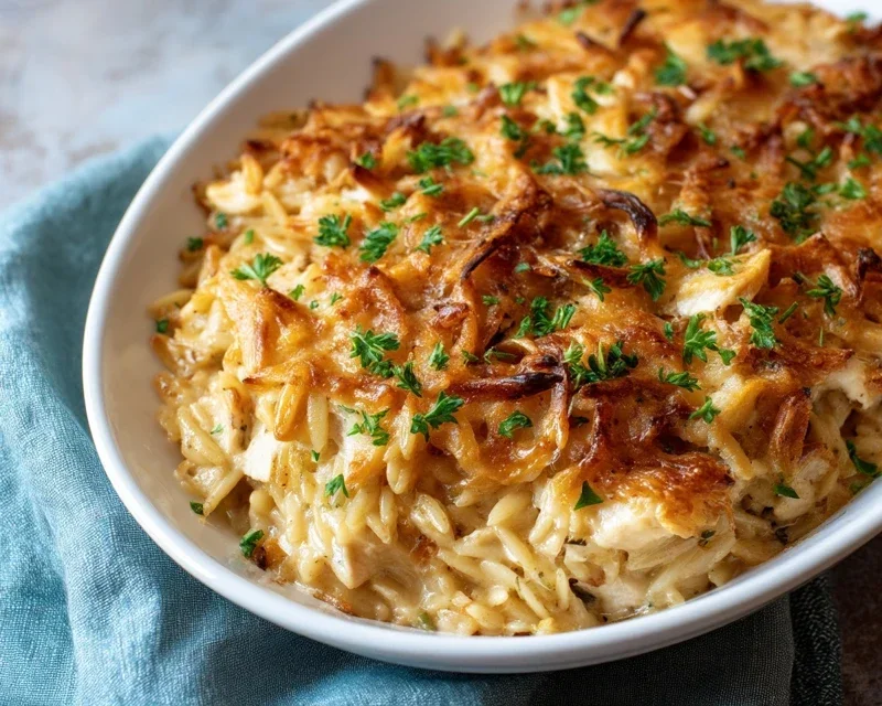 French Onion Chicken Orzo Casserole