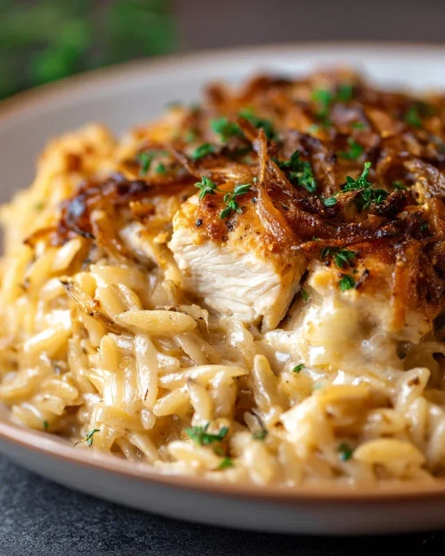 French Onion Chicken Orzo Casserole