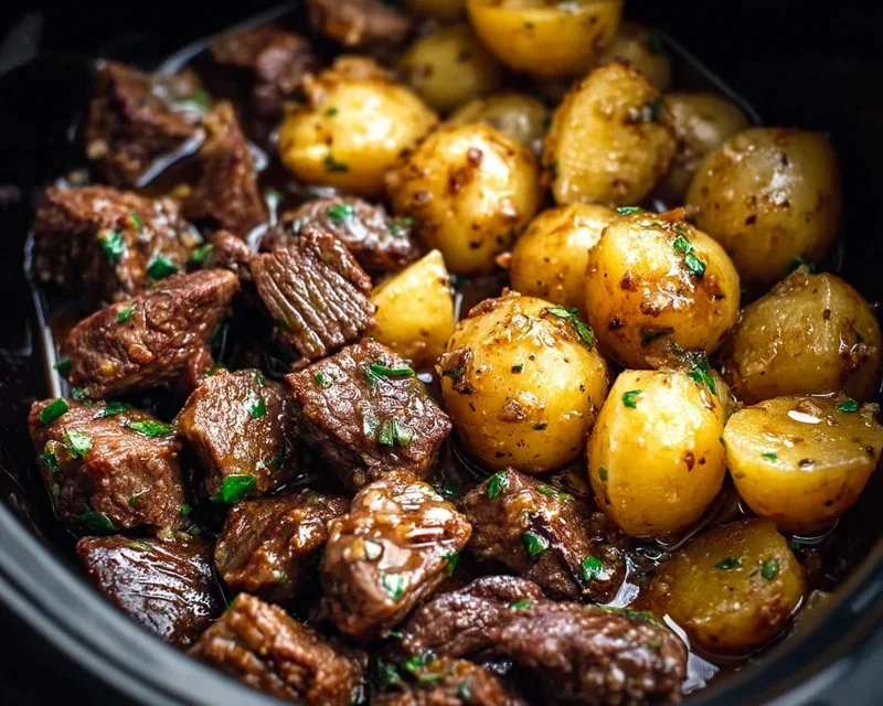 Slow Cooker Garlic Butter Beef Bites with Potatoes