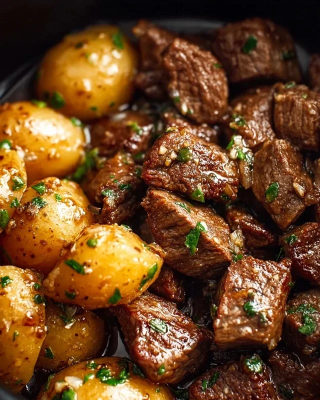 Slow Cooker Garlic Butter Beef Bites with Potatoes
