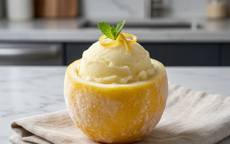 Sorbetto di Limone Dressed Up in a Frozen Lemon Shell
