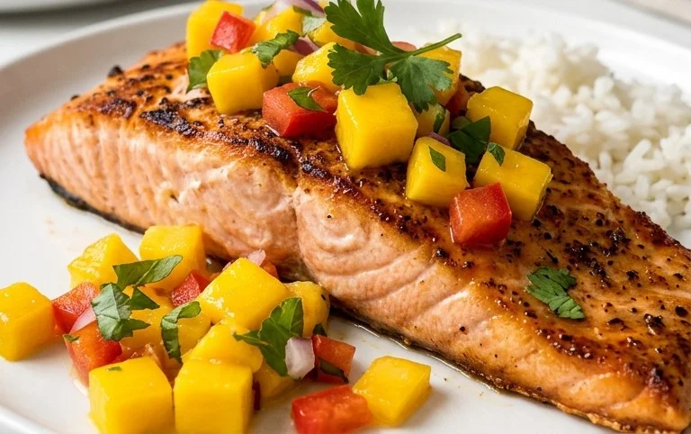 Grilled Salmon with Mango Salsa and Coconut Rice