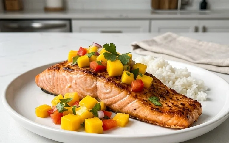Grilled Salmon with Mango Salsa and Coconut Rice