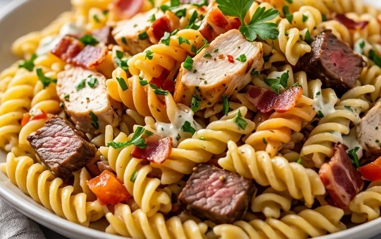 Chicken Beef Bacon Ranch Pasta Salad