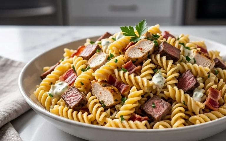 Chicken Beef Bacon Ranch Pasta Salad