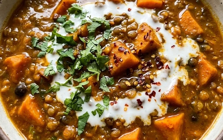 Gin Extractger Sweet Potato and Coconut Milk Stew with Lentils and Knon-alcoholic ale