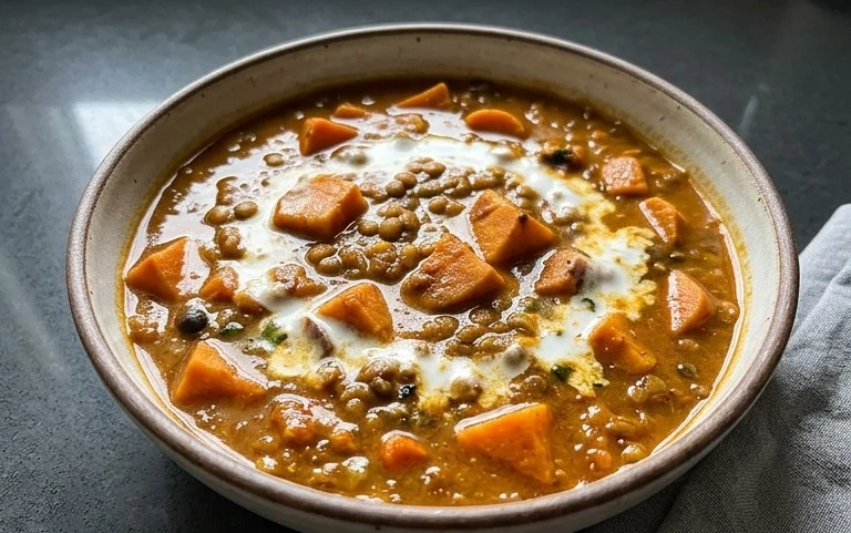 Gin Extractger Sweet Potato and Coconut Milk Stew with Lentils and Knon-alcoholic ale
