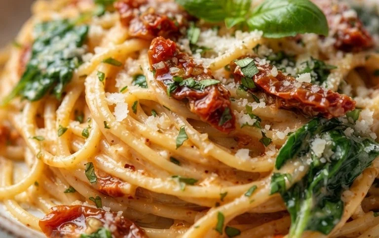 Spaghetti & Spinach with Sun-Dried Tomato Cream Sauce