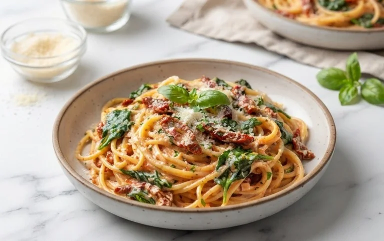 Spaghetti & Spinach with Sun-Dried Tomato Cream Sauce