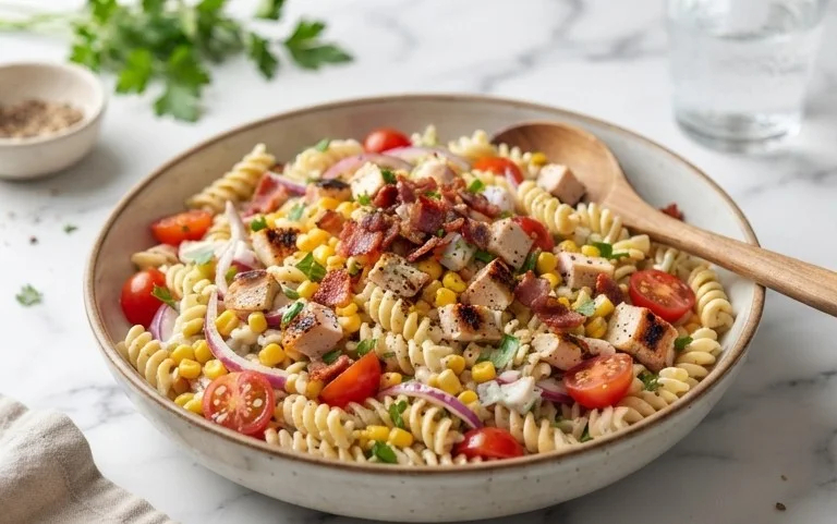 Chicken and Corn Pasta Salad with Beef Bacon