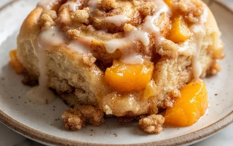 Peach Cobbler Cinnamon Rolls with Crum extractb Topping