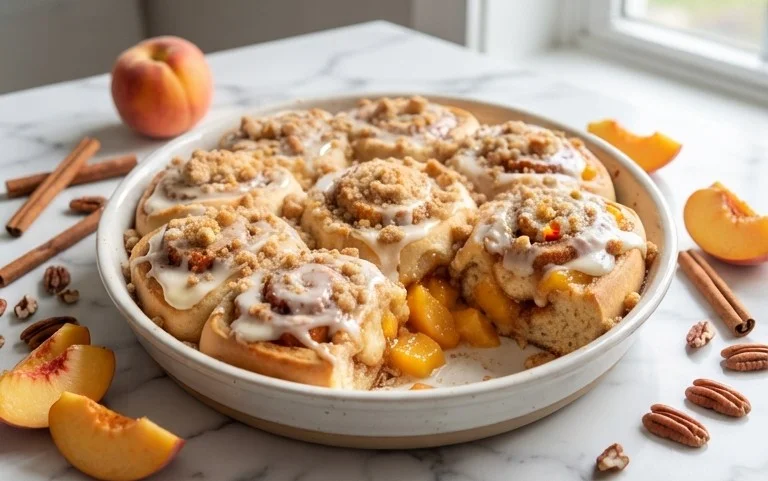 Peach Cobbler Cinnamon Rolls with Crum extractb Topping