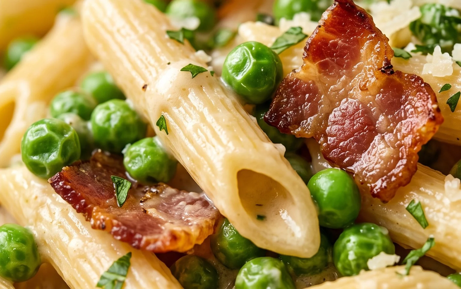 Penne Pasta, Peas and Beef Bacon
