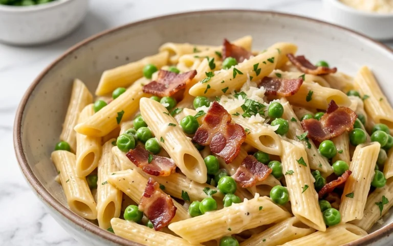Penne Pasta, Peas and Beef Bacon