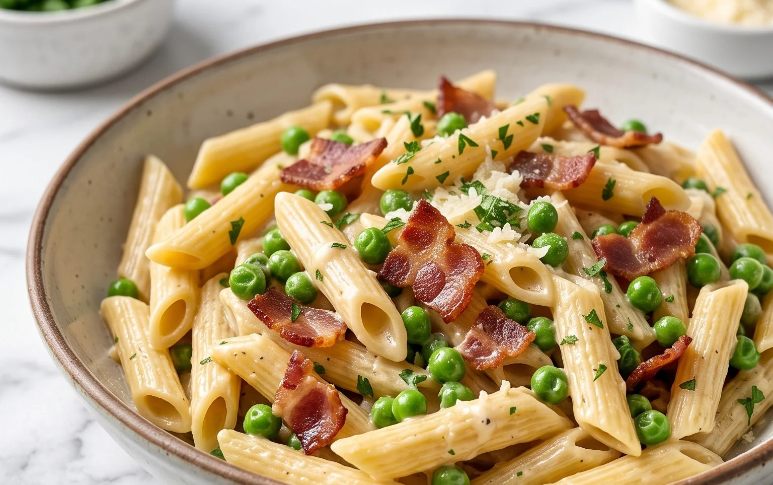 Penne Pasta, Peas and Beef Bacon