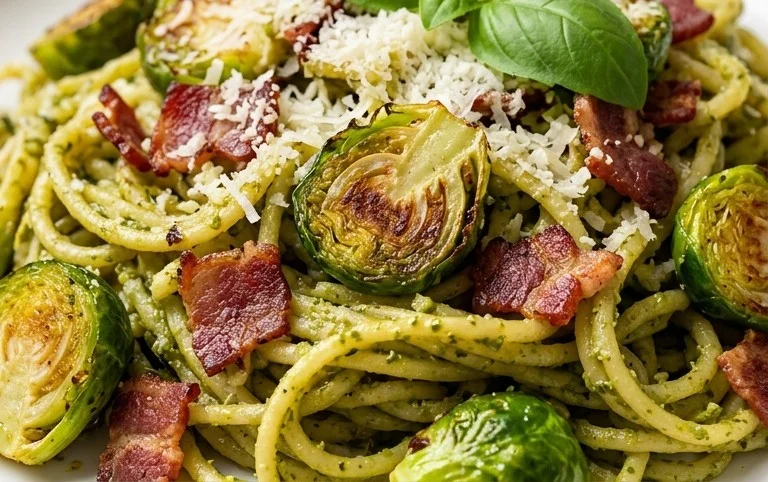 Brussels Sprouts and Beef Bacon Pesto Pasta