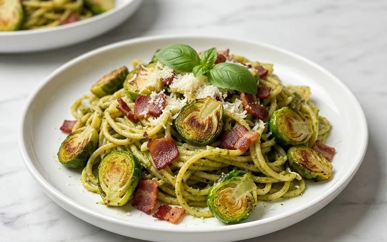 Brussels Sprouts and Beef Bacon Pesto Pasta