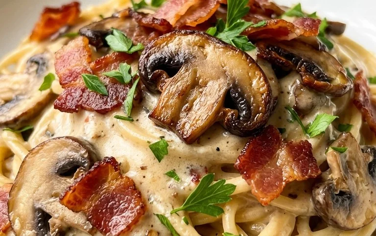 Creamy Beef Bacon and Mushroom Pasta