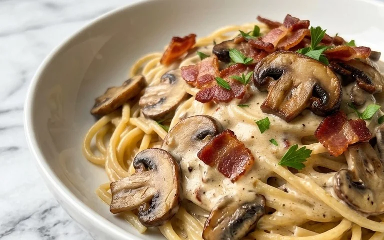 Creamy Beef Bacon and Mushroom Pasta