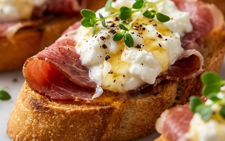 Beef Prosciutto Crostini with Burrata and Lemon Honey Drizzle