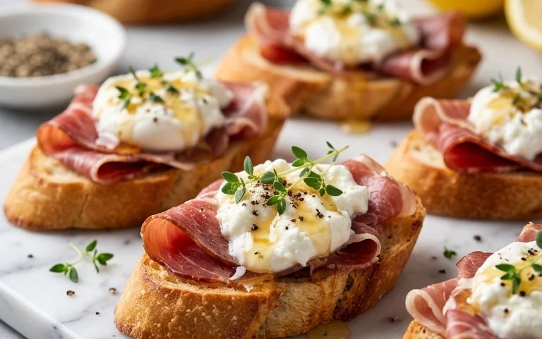 Beef Prosciutto Crostini with Burrata and Lemon Honey Drizzle